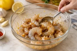 Simple Marinade for Shrimp (Lemon Garlic Recipe) 12 Coating raw shrimp in lemon garlic marinade