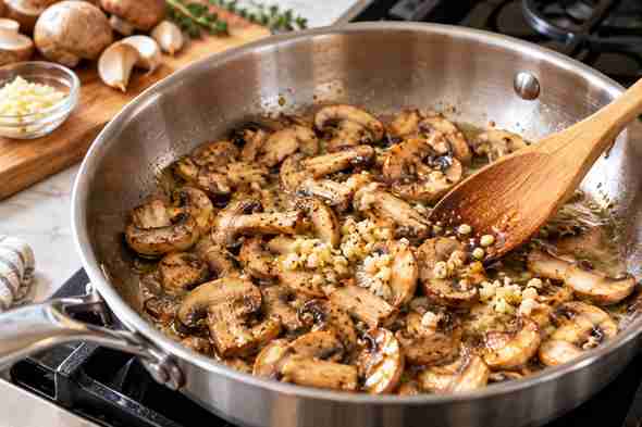 Easy Green Bean Casserole Recipe From Scratch 4 Sliced mushrooms and minced garlic cooking in butter for homemade green bean casserole