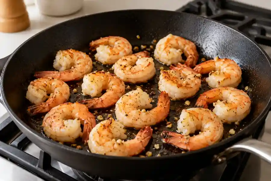 Simple Marinade for Shrimp (Lemon Garlic Recipe) 6 Cooking lemon garlic shrimp in a skillet