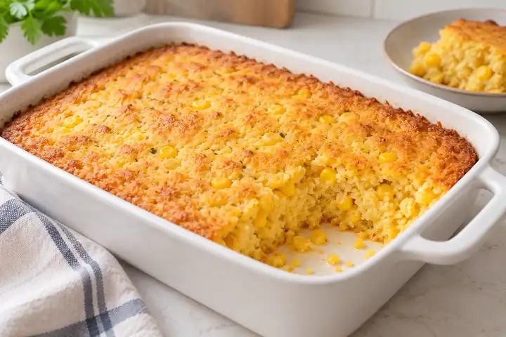 Corn Casserole Without Jiffy baked in a white dish