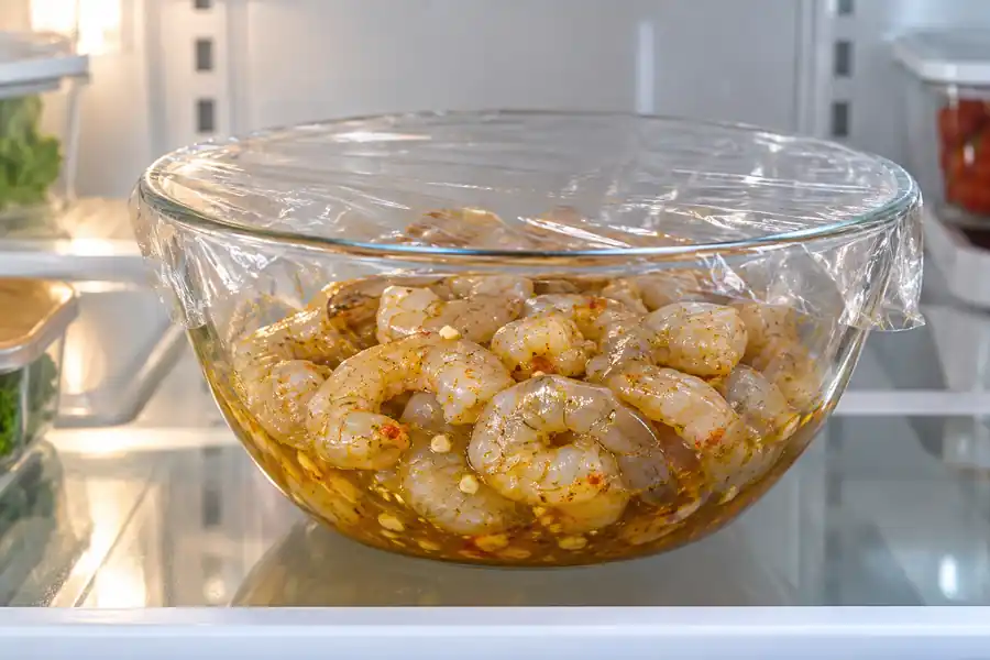 Simple Marinade for Shrimp (Lemon Garlic Recipe) 5 Covered raw marinated shrimp chilling in the refrigerator