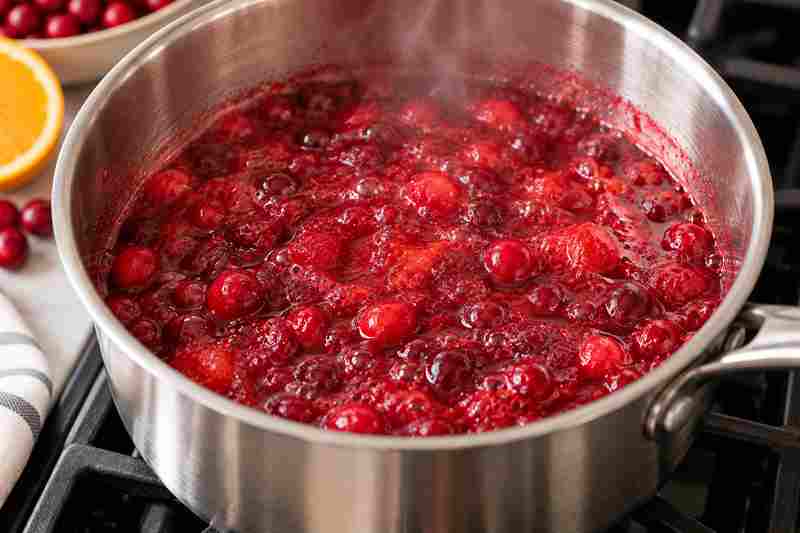 Homemade Cranberry Sauce Recipe With Orange 5 Cranberries simmering and bursting in a saucepan as homemade cranberry sauce thickens