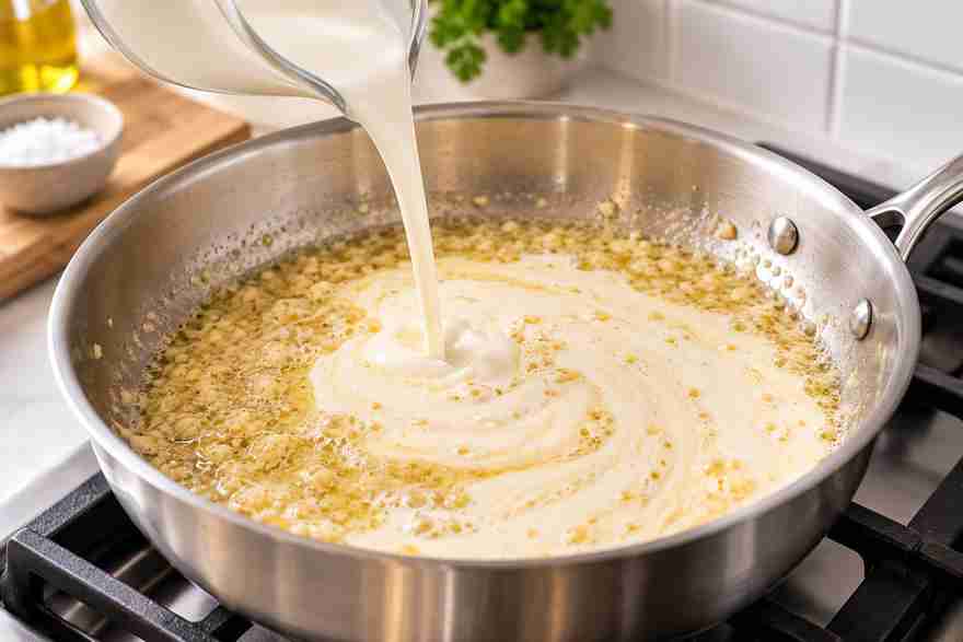 Creamy Garlic Pasta: Easy 20-Minute Dinner 5 Heavy cream being poured into garlic butter sauce for creamy garlic pasta