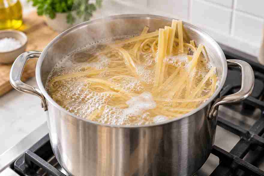 Creamy Garlic Pasta: Easy 20-Minute Dinner 3 Fettuccine pasta boiling in salted water until al dente for creamy garlic pasta