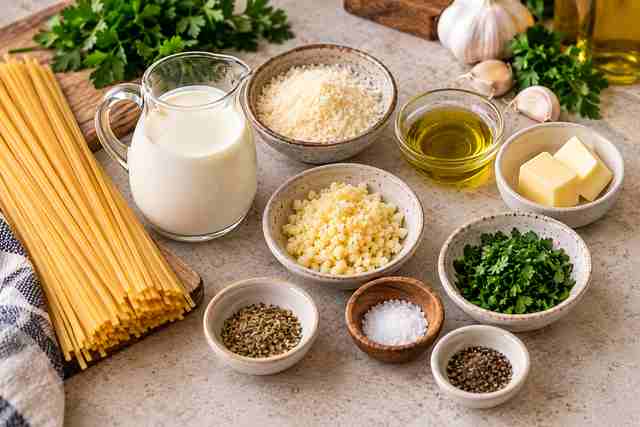 Creamy Garlic Pasta: Easy 20-Minute Dinner 2 Creamy garlic pasta ingredients with fettuccine, butter, garlic, heavy cream, Parmesan, parsley, salt, and pepper