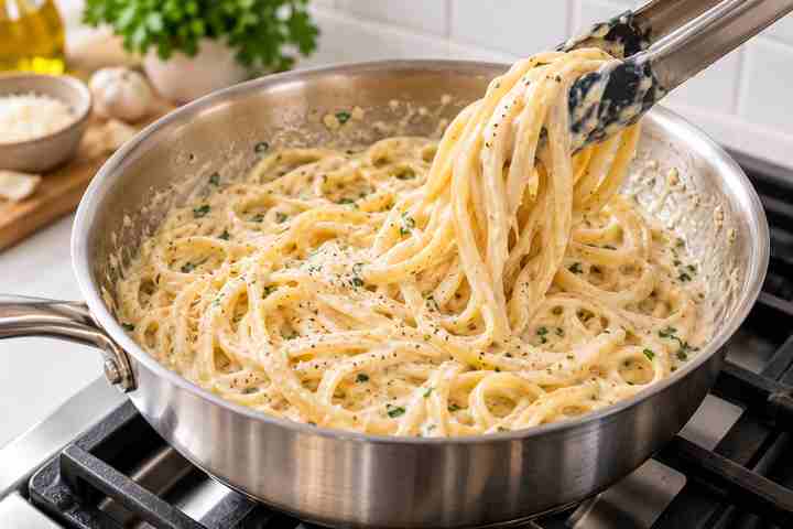 Cooked fettuccine tossed in silky garlic Parmesan cream sauce