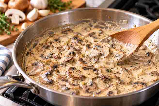 Easy Green Bean Casserole Recipe From Scratch 5 Creamy homemade mushroom sauce simmering in a skillet for green bean casserole from scratch