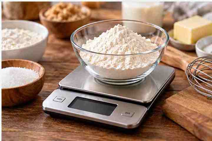 Flour in a glass bowl on a digital kitchen scale for cups to grams conversion guide