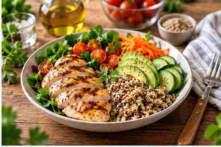 Balanced grilled chicken grain and vegetable bowl for daily calorie needs guide