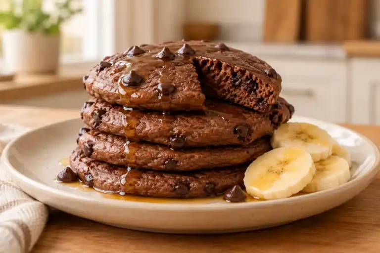 Double chocolate chip pancakes stacked with banana slices and maple syrup