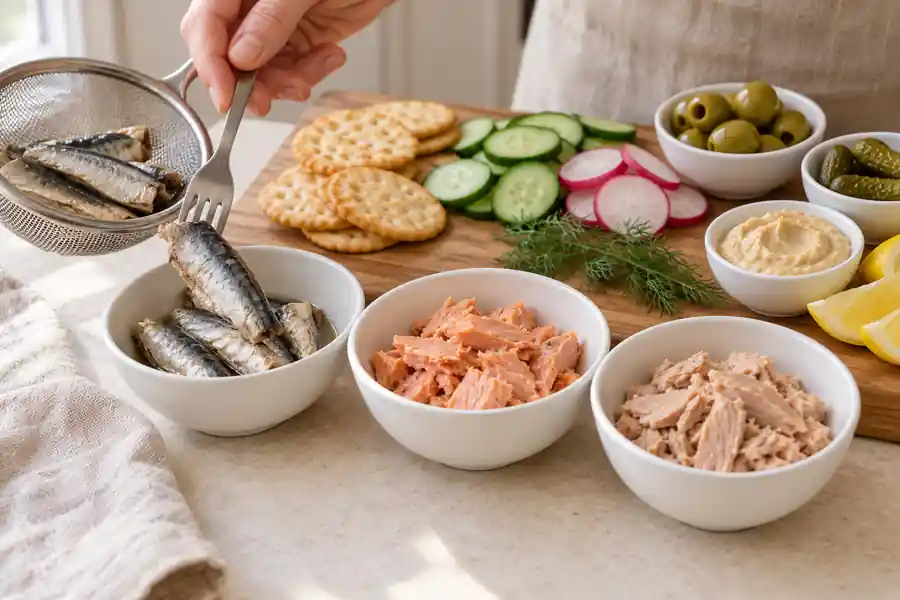 Tinned Fish Charcuterie Board with Sardines, Salmon and Tuna 3 Transferring drained sardines into a bowl beside canned salmon and tuna