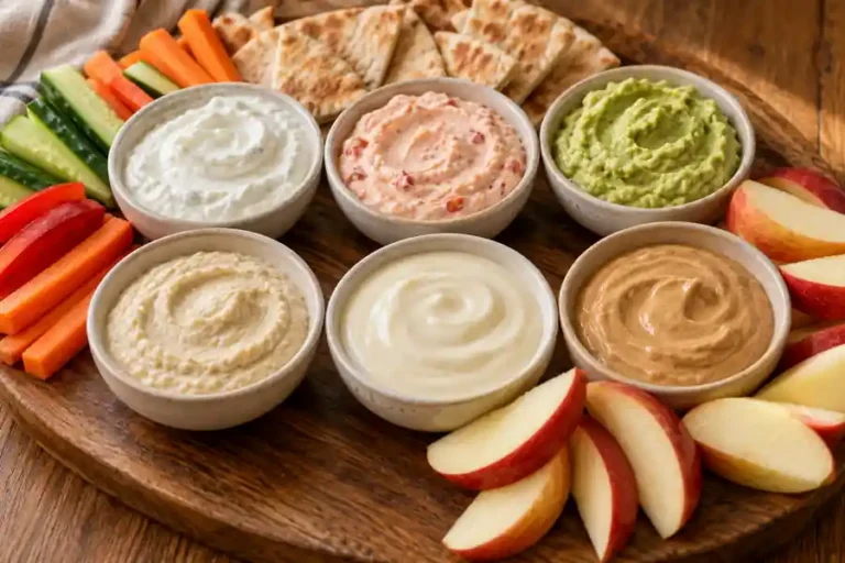 Six easy dips served with vegetables, pita and apple slices