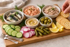 Tinned Fish Charcuterie Board with Sardines, Salmon and Tuna 11 Adding crackers and dill to the finished tinned fish charcuterie board