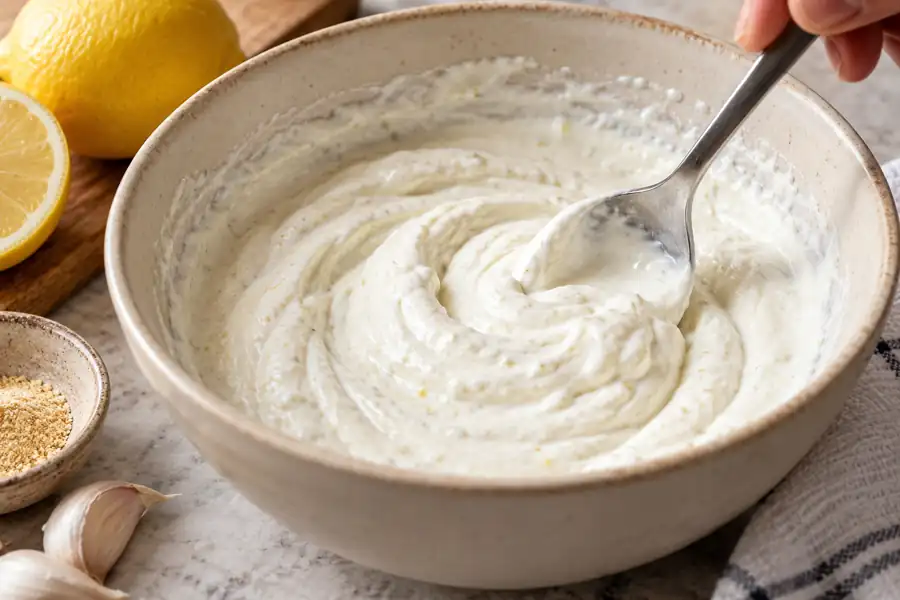 6 Easy Dips With Few Ingredients (2–5 Ingredients Each) 3 Garlic lemon yogurt dip stirred until evenly combined
