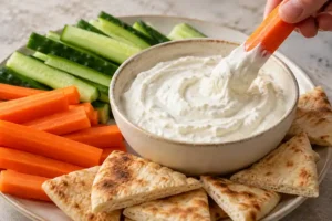6 Easy Dips With Few Ingredients (2–5 Ingredients Each) 9 Carrot stick dipped into thick garlic lemon yogurt dip