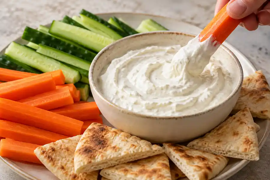 6 Easy Dips With Few Ingredients (2–5 Ingredients Each) 4 Carrot stick dipped into thick garlic lemon yogurt dip