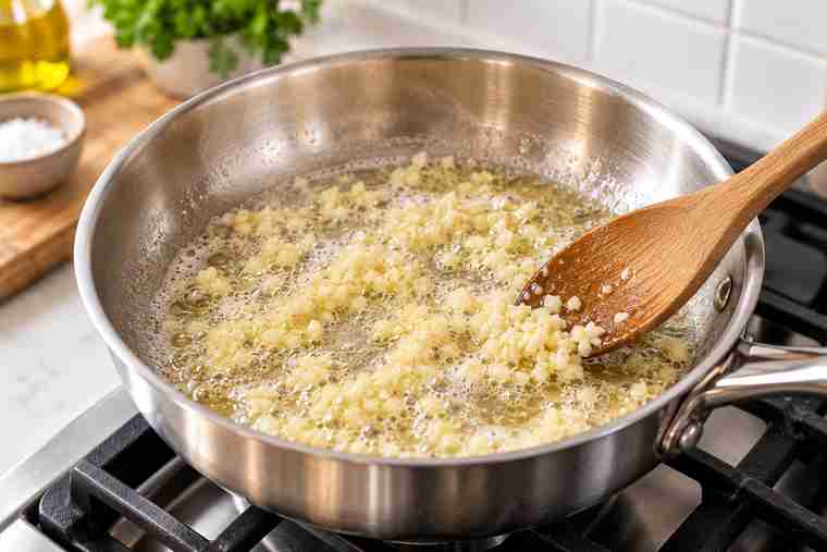 Creamy Garlic Pasta: Easy 20-Minute Dinner 4 Finely minced garlic gently sizzling in melted butter for creamy garlic pasta