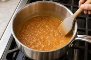 Homemade Caramel Apple Dip (Without Cream Cheese) 12 Gently simmering brown sugar caramel dip in a saucepan