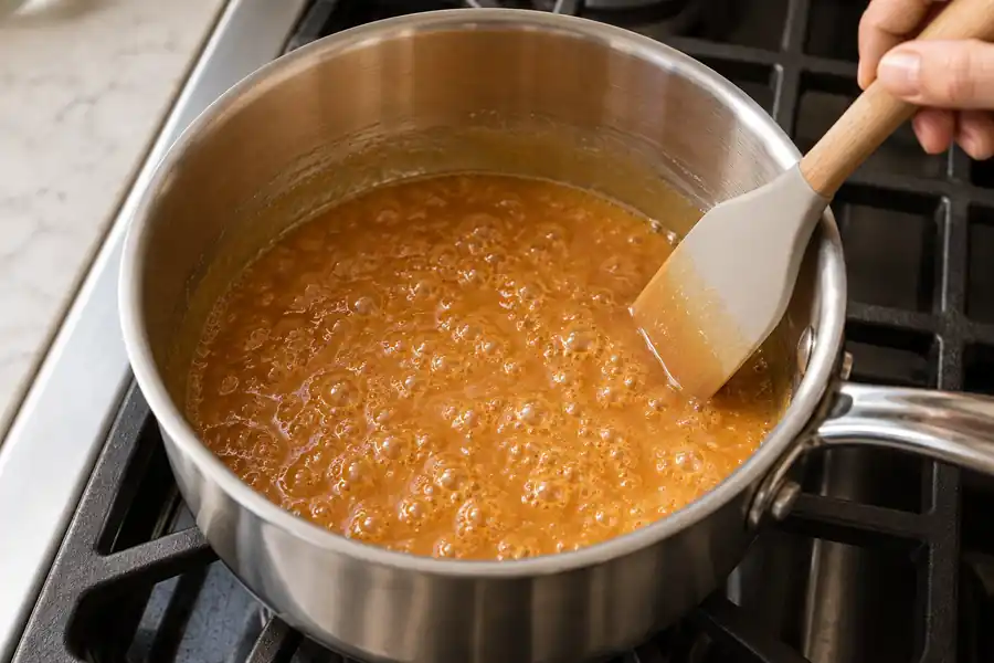 Homemade Caramel Apple Dip (Without Cream Cheese) 4 Gently simmering brown sugar caramel dip in a saucepan