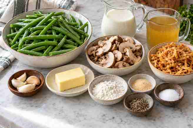 Easy Green Bean Casserole Recipe From Scratch 2 Ingredients for green bean casserole recipe from scratch including fresh green beans, mushrooms, milk, broth, butter, flour, garlic, and crispy onions