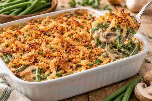 Easy green bean casserole recipe from scratch with creamy mushroom sauce and crispy fried onions