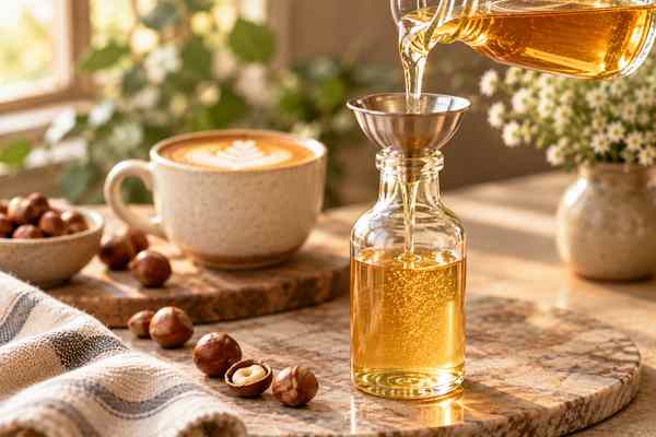 Hazelnut extract being added to warm homemade coffee syrup