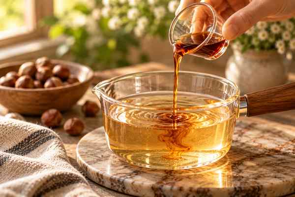 Homemade hazelnut syrup for coffee being poured into a glass bottle