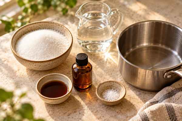 Hazelnut Syrup for Coffee: Easy Homemade Recipe 2 Hazelnut syrup ingredients with sugar, water, hazelnut extract, vanilla, and salt