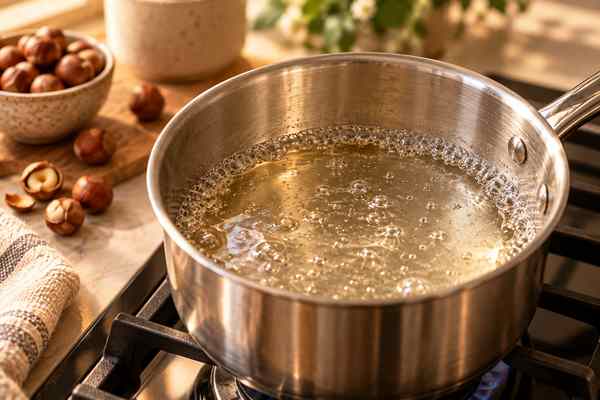 Simple syrup gently simmering for homemade hazelnut coffee syrup