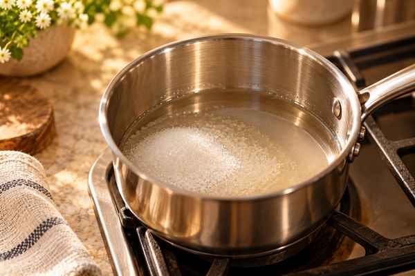 Sugar and water combined in a saucepan for homemade hazelnut syrup