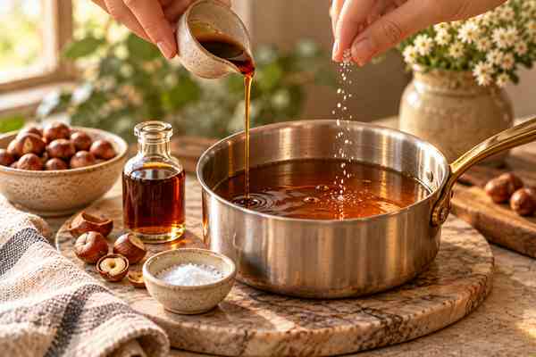 Vanilla and salt being added to homemade hazelnut syrup for coffee