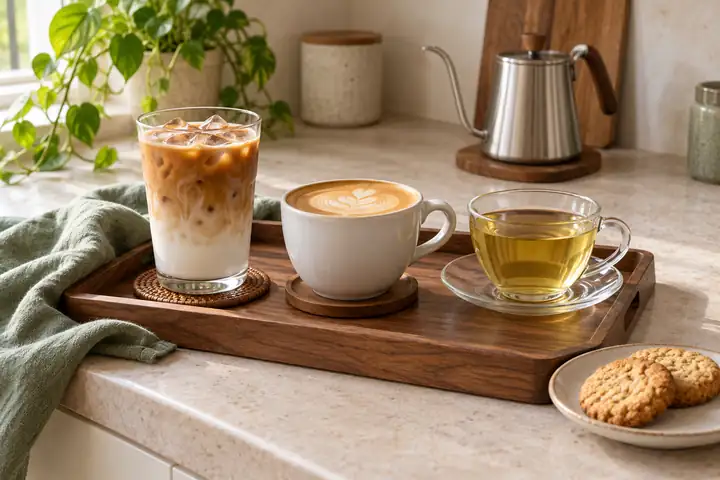 Home café menu choices with an iced latte, hot latte and herbal tea on a tray