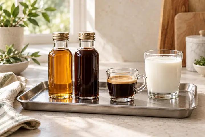 12 Home Cafe Menu Ideas for Coffee, Lattes and Tea 2 Two coffee syrup options with espresso and milk for a small home café menu