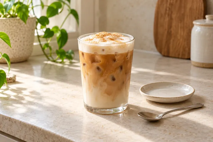 12 Home Cafe Menu Ideas for Coffee, Lattes and Tea 3 Iced latte topped with foam and a light cinnamon dusting