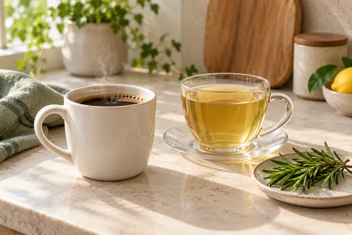 12 Home Cafe Menu Ideas for Coffee, Lattes and Tea 4 Plain hot coffee beside a rosemary herbal tea as two menu choices