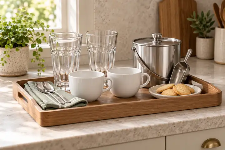 12 Home Cafe Menu Ideas for Coffee, Lattes and Tea 5 Cups, glasses, spoons and a covered ice bucket arranged for a small home café