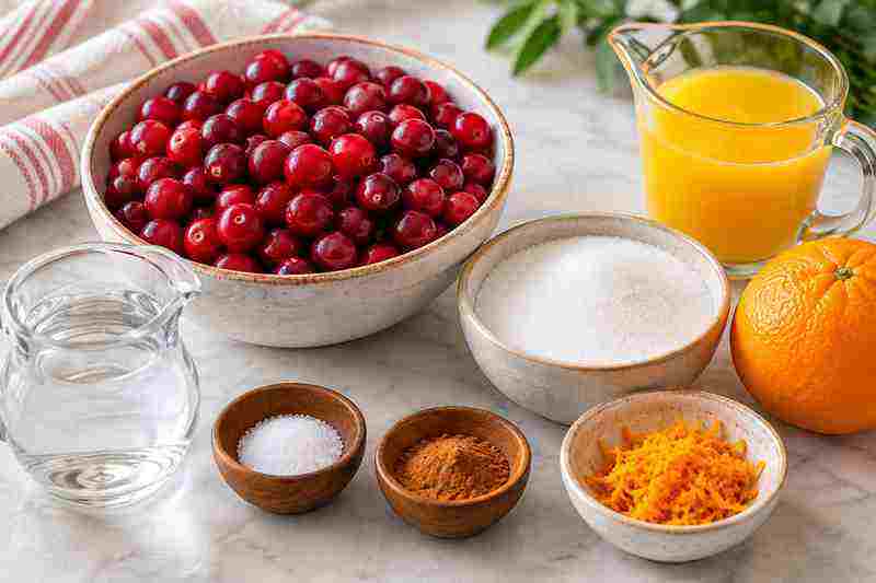 Homemade Cranberry Sauce Recipe With Orange 2 Ingredients for homemade cranberry sauce with orange including fresh cranberries, sugar, orange juice, water, orange zest, cinnamon, and salt - Cranberry Sauce Recipe With Orange