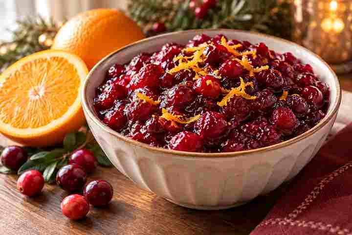 Homemade cranberry sauce recipe with orange in a festive serving bowl with cranberries and sliced orange