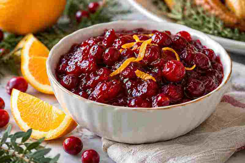 Homemade Cranberry Sauce Recipe With Orange 7 Finished homemade cranberry sauce with orange served in a ceramic bowl with fresh orange zest