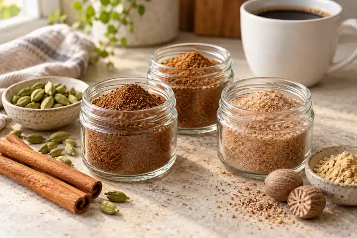 Three jars of homemade spice blends: chai spice, pumpkin pie spice and cinnamon sugar