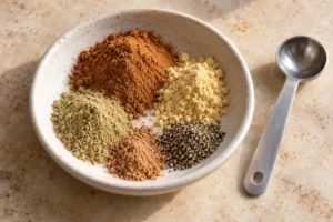 Measured ground cinnamon, ginger, cardamom and other chai spices before mixing