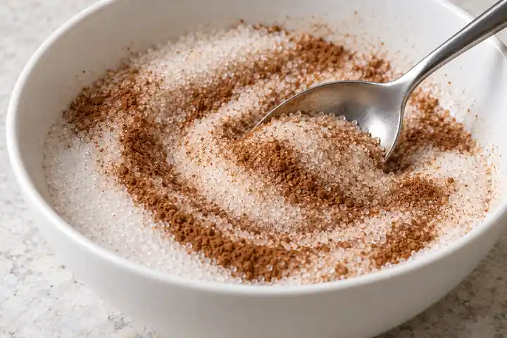 Stirring granulated sugar and cinnamon into a topping blend