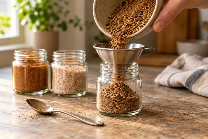 Pouring dry chai spice blend through a funnel into a clean glass jar