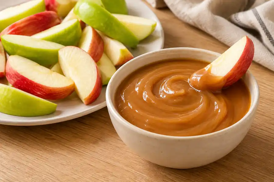 Homemade Caramel Apple Dip (Without Cream Cheese) 8 Homemade caramel apple dip served with crisp red and green apple slices