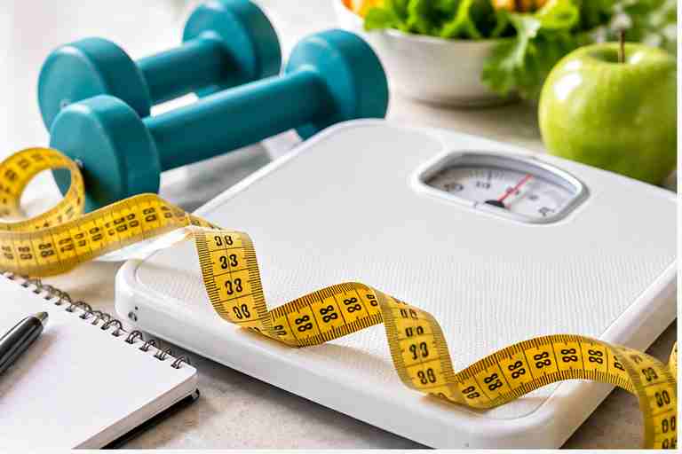 Digital bathroom scale with measuring tape, apple and notebook for BMI calculation guide