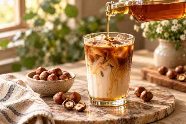 Homemade hazelnut syrup being poured into an iced hazelnut latte