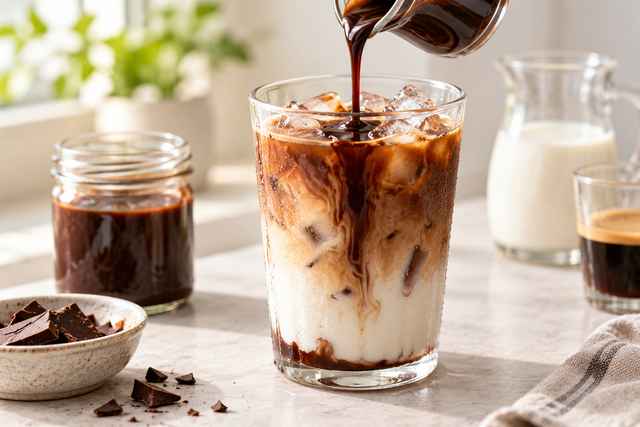 Mocha Syrup for Coffee: Easy Homemade Chocolate Coffee Syrup 8 Homemade mocha syrup being poured into an iced mocha latte
