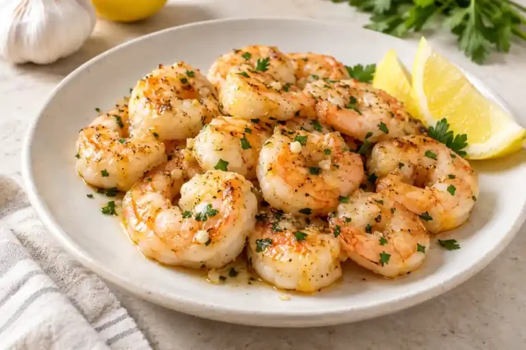 Lemon garlic marinated shrimp served with parsley and lemon wedges