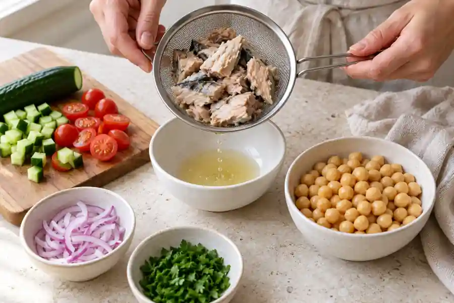 Canned Mackerel Recipes: 4 Easy Meals with Pantry Fish 2 Draining canned mackerel in a sieve beside chickpeas and salad vegetables