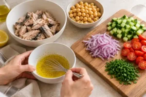 Canned Mackerel Recipes: 4 Easy Meals with Pantry Fish 9 Whisking lemon and olive oil dressing beside chopped salad vegetables